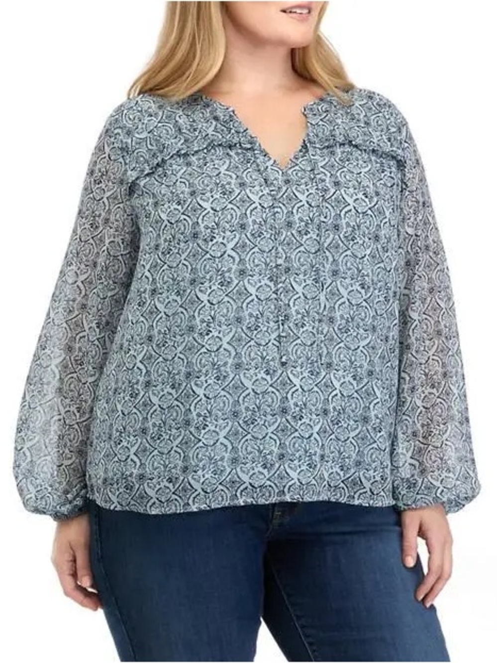 Wonderly Light Blue Printed V-Neck Long Sleeve Blouse - Picture 2 of 10